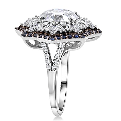 Heart and Arrow Cut Moissanite and Ceylon Sapphire 5.90 ctw Starflower Halo Ring in Rhodium Over Sterling Silver (Size 10.0)