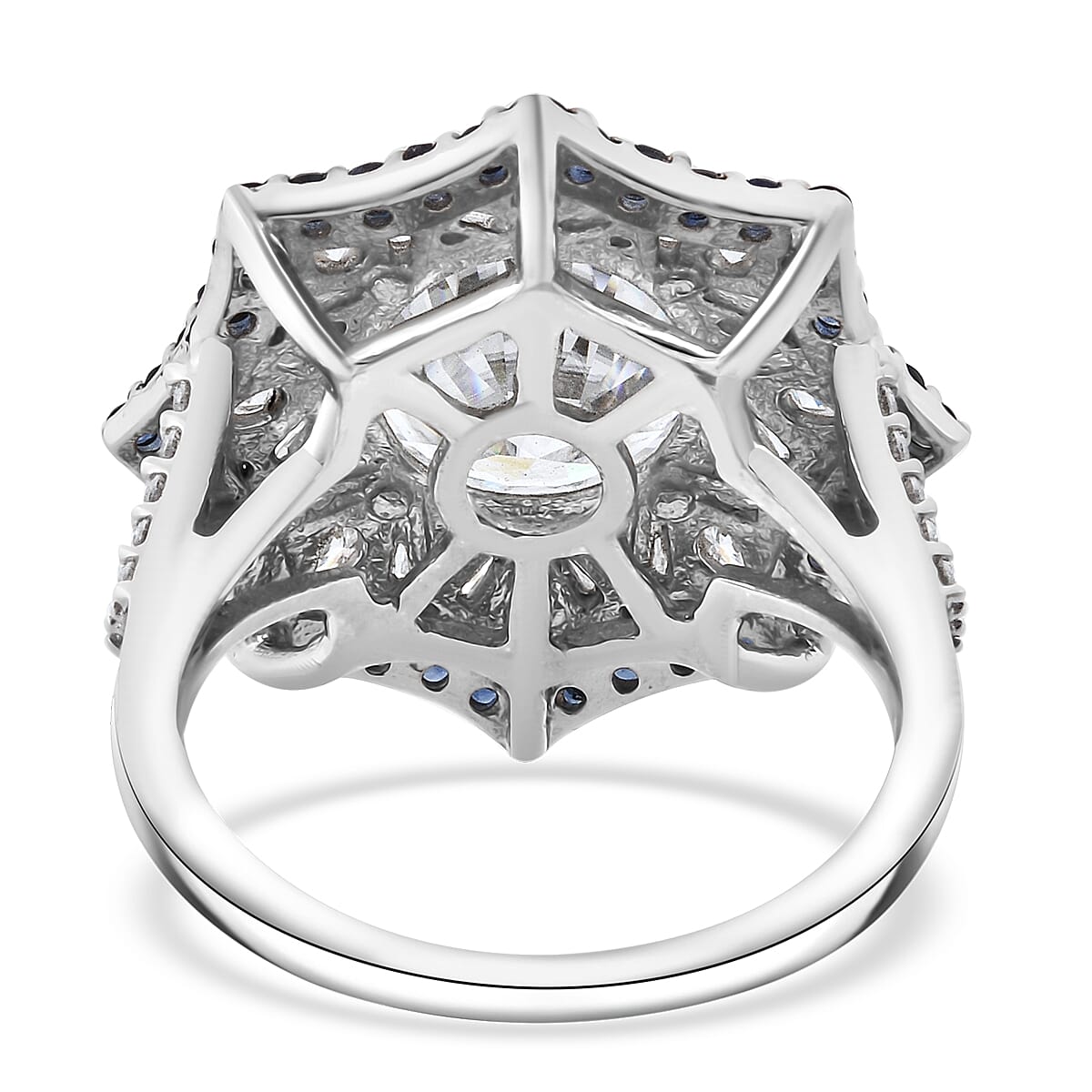 Heart and Arrow Cut Moissanite and Ceylon Sapphire 5.90 ctw Starflower Halo Ring in Rhodium Over Sterling Silver (Size 10.0)