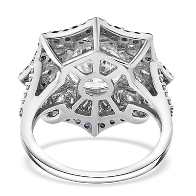 Heart and Arrow Cut Moissanite and Ceylon Sapphire 5.90 ctw Starflower Halo Ring in Rhodium Over Sterling Silver (Size 10.0)