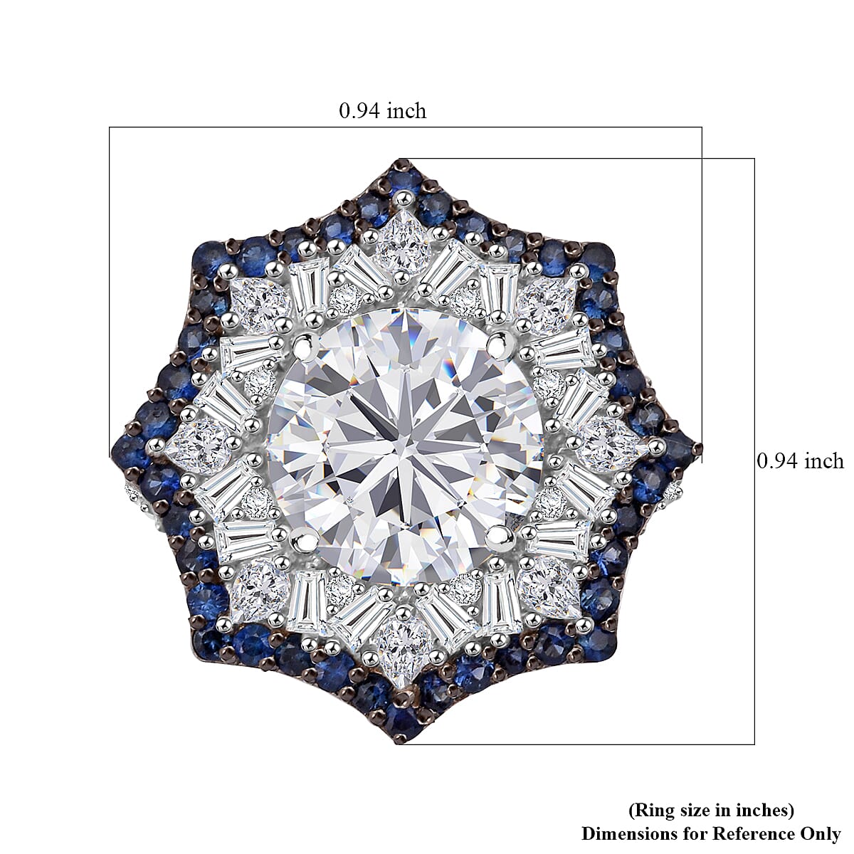 Heart and Arrow Cut Moissanite and Ceylon Sapphire 5.90 ctw Starflower Halo Ring in Rhodium Over Sterling Silver (Size 10.0)