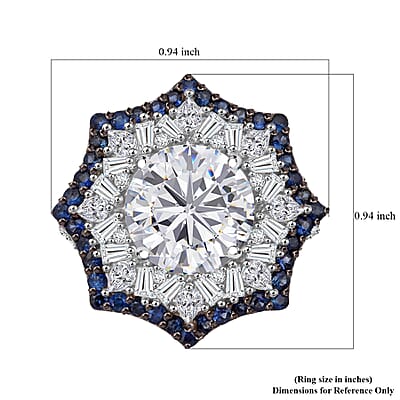 Heart and Arrow Cut Moissanite and Ceylon Sapphire 5.90 ctw Starflower Halo Ring in Rhodium Over Sterling Silver (Size 10.0)