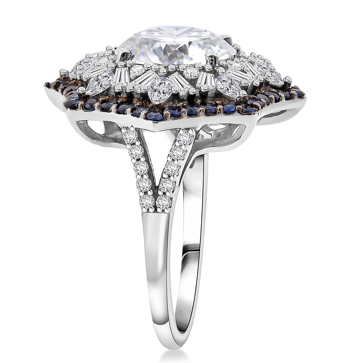 Heart and Arrow Cut Moissanite and Ceylon Sapphire 5.90 ctw Starflower Halo Ring in Rhodium Over Sterling Silver (Size 6.0) image number 3