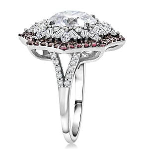 Heart and Arrow Cut Moissanite and Ouro Fino Rubellite 5.40 ctw Starflower Halo Ring in Rhodium Over Sterling Silver (Size 10.0)