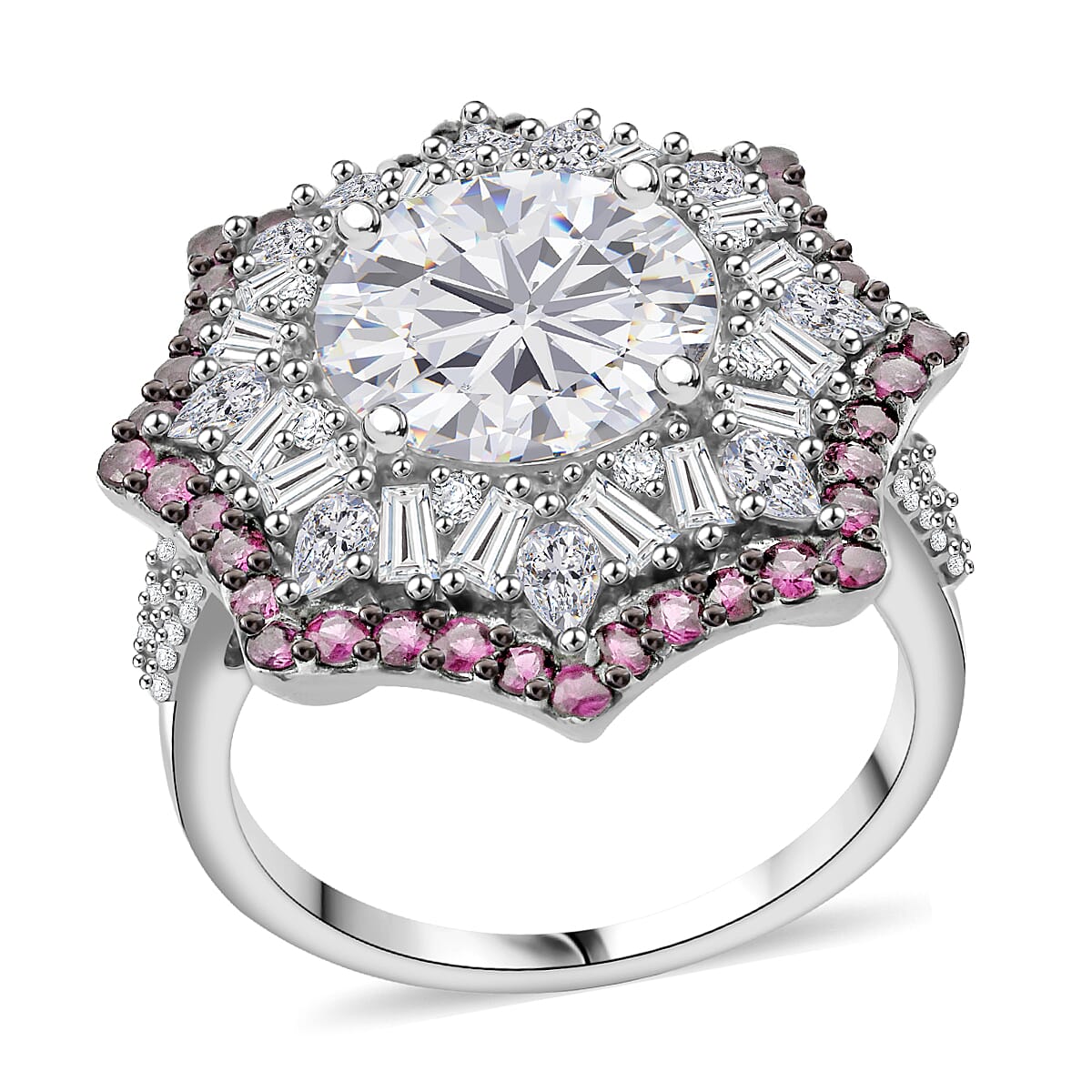 Heart and Arrow Cut Moissanite and Ouro Fino Rubellite 5.40 ctw Starflower Halo Ring in Rhodium Over Sterling Silver (Size 6.0)