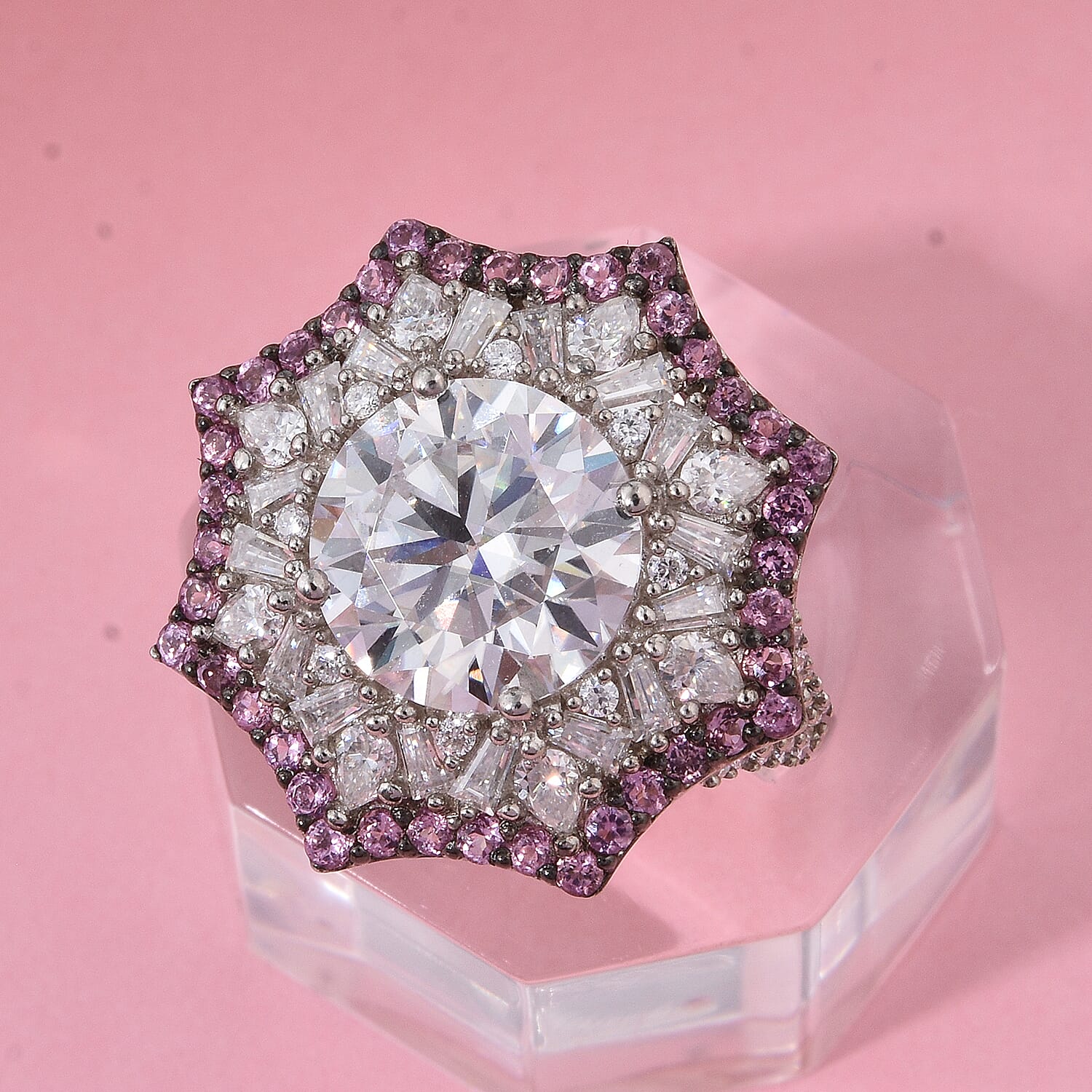 Heart and Arrow Cut Moissanite and Ouro Fino Rubellite 5.40 ctw Starflower Halo Ring in Rhodium Over Sterling Silver (Size 6.0)