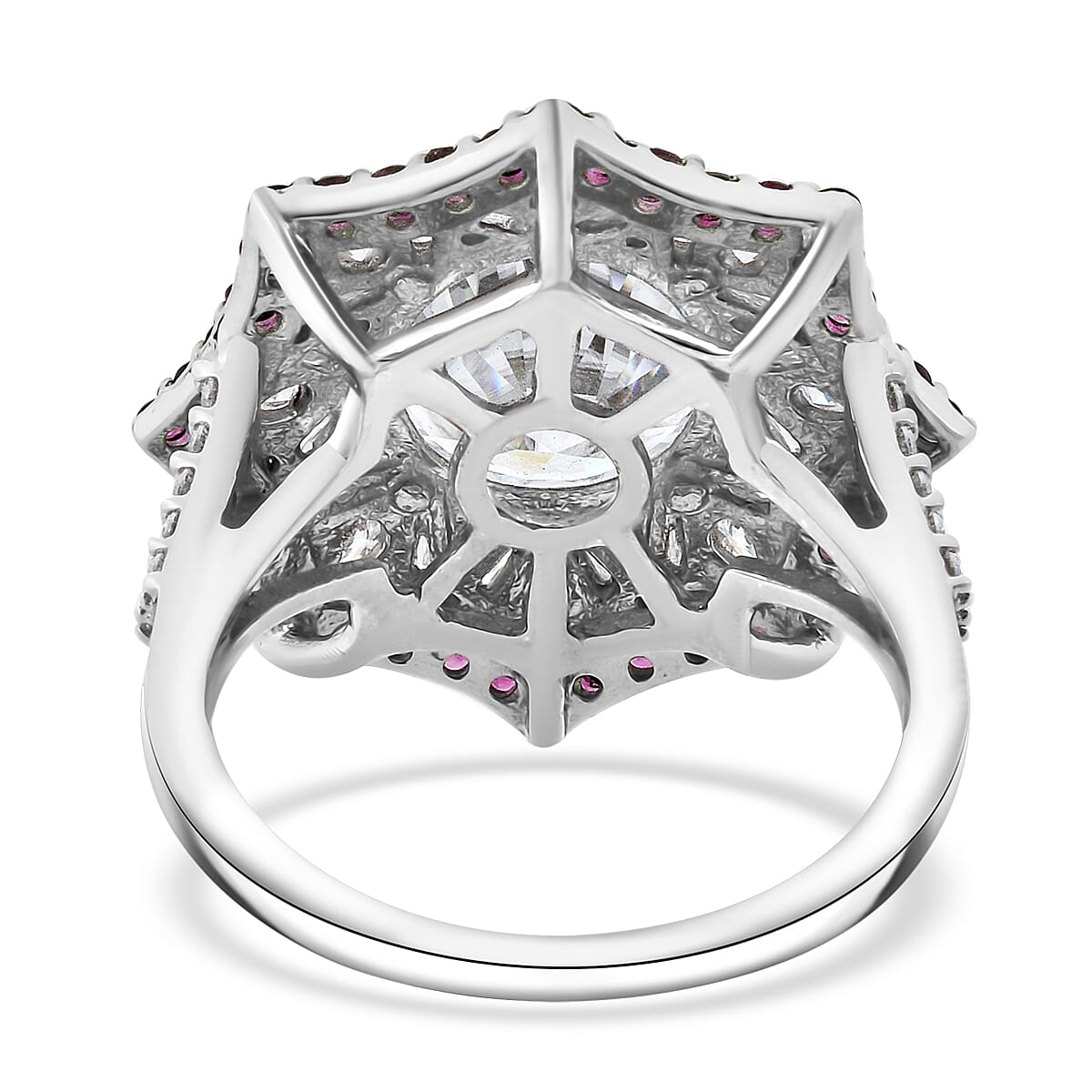 Heart and Arrow Cut Moissanite and Ouro Fino Rubellite 5.40 ctw Starflower Halo Ring in Rhodium Over Sterling Silver (Size 6.0)