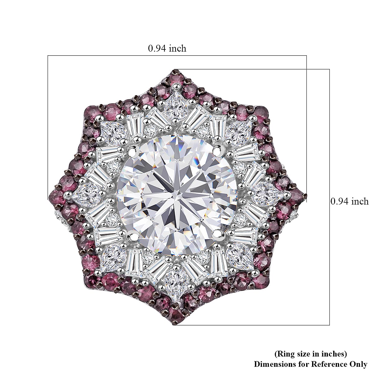 Heart and Arrow Cut Moissanite and Ouro Fino Rubellite 5.40 ctw Starflower Halo Ring in Rhodium Over Sterling Silver (Size 6.0)
