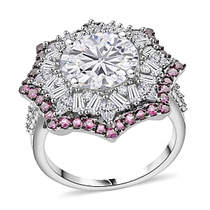 Heart and Arrow Cut Moissanite and Ouro Fino Rubellite 5.40 ctw Starflower Halo Ring in Rhodium Over Sterling Silver (Size 7.0)