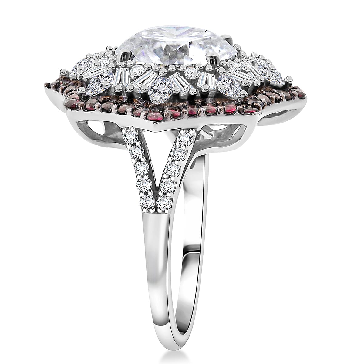 Heart and Arrow Cut Moissanite and Ouro Fino Rubellite 5.40 ctw Starflower Halo Ring in Rhodium Over Sterling Silver (Size 8.0) image number 3