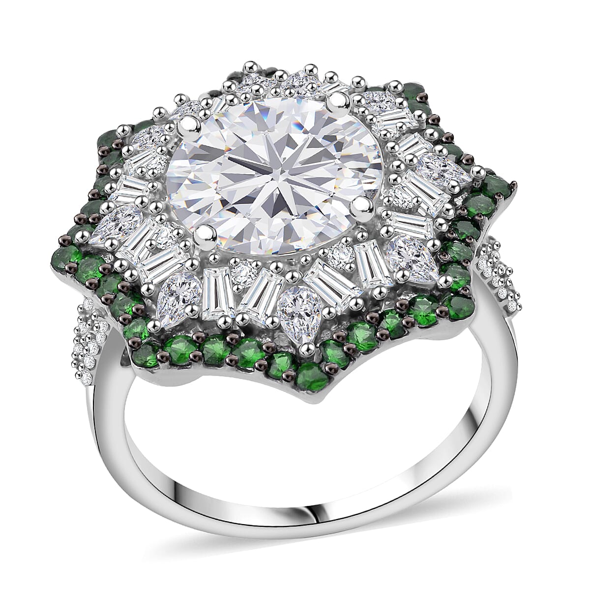 Heart and Arrow Cut Moissanite and Tsavorite Garnet 5.40 ctw Starflower Halo Ring in Rhodium Over Sterling Silver (Size 6.0) image number 0
