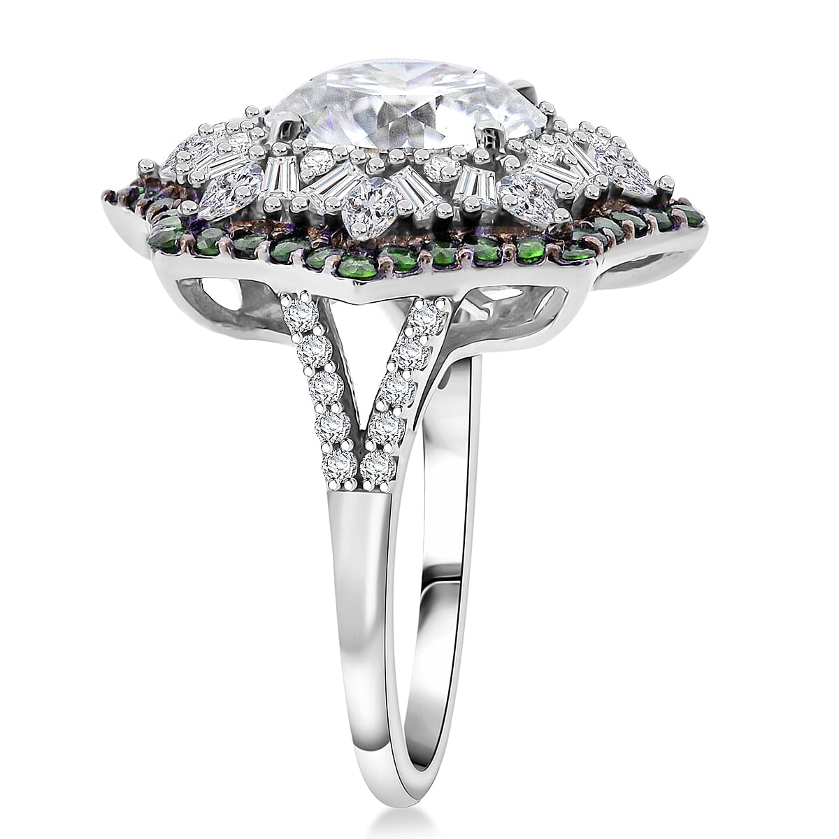 Heart and Arrow Cut Moissanite and Tsavorite Garnet 5.40 ctw Starflower Halo Ring in Rhodium Over Sterling Silver (Size 6.0) image number 3