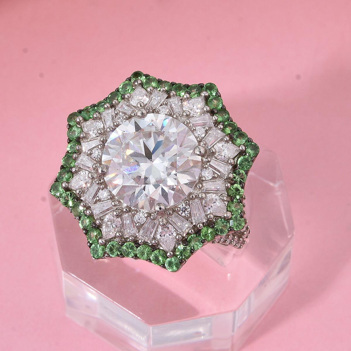 Heart and Arrow Cut Moissanite and Tsavorite Garnet 5.40 ctw Starflower Halo Ring in Rhodium Over Sterling Silver (Size 7.0) image number 1