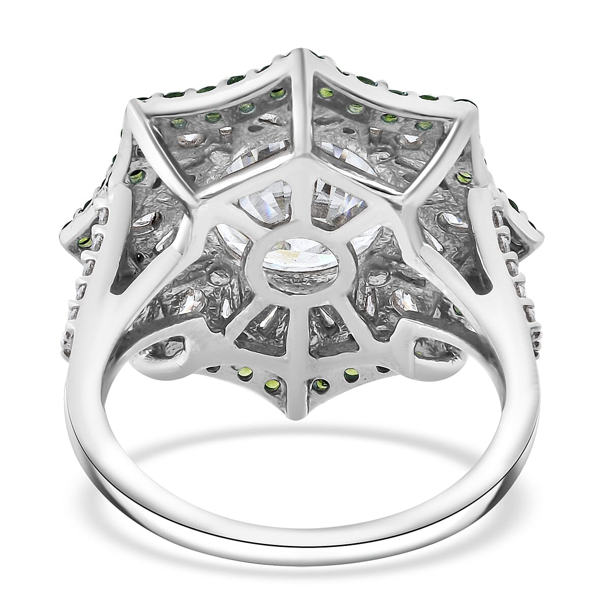 Heart and Arrow Cut Moissanite and Tsavorite Garnet 5.40 ctw Starflower Halo Ring in Rhodium Over Sterling Silver (Size 7.0) image number 4