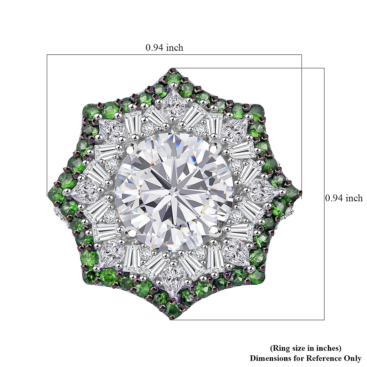 Heart and Arrow Cut Moissanite and Tsavorite Garnet 5.40 ctw Starflower Halo Ring in Rhodium Over Sterling Silver (Size 8.0) image number 5