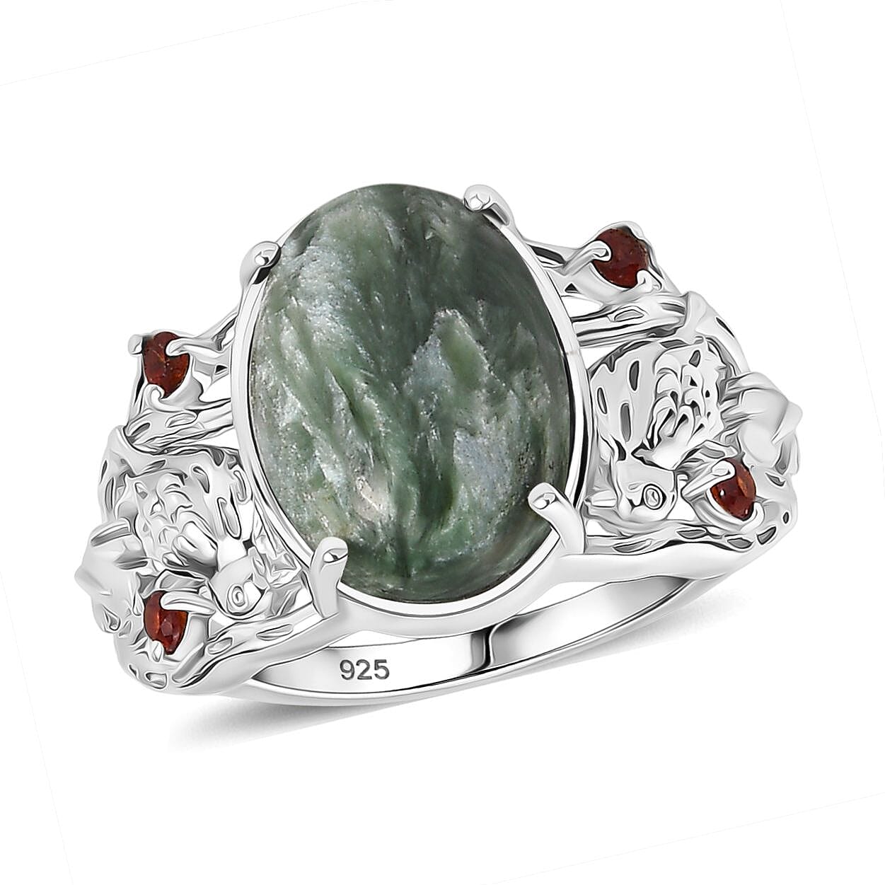 Siberian Seraphinite and Mozambique Garnet 5.90 ctw Ring in Platinum Over Sterling Silver (Size 10.0)