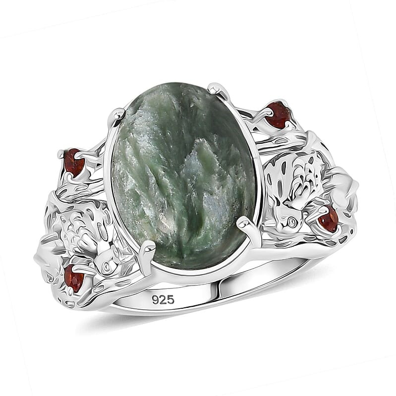 Siberian Seraphinite and Mozambique Garnet 5.90 ctw Ring in Platinum Over Sterling Silver (Size 10.0)