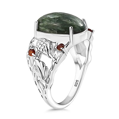Siberian Seraphinite and Mozambique Garnet 5.90 ctw Ring in Platinum Over Sterling Silver (Size 10.0)