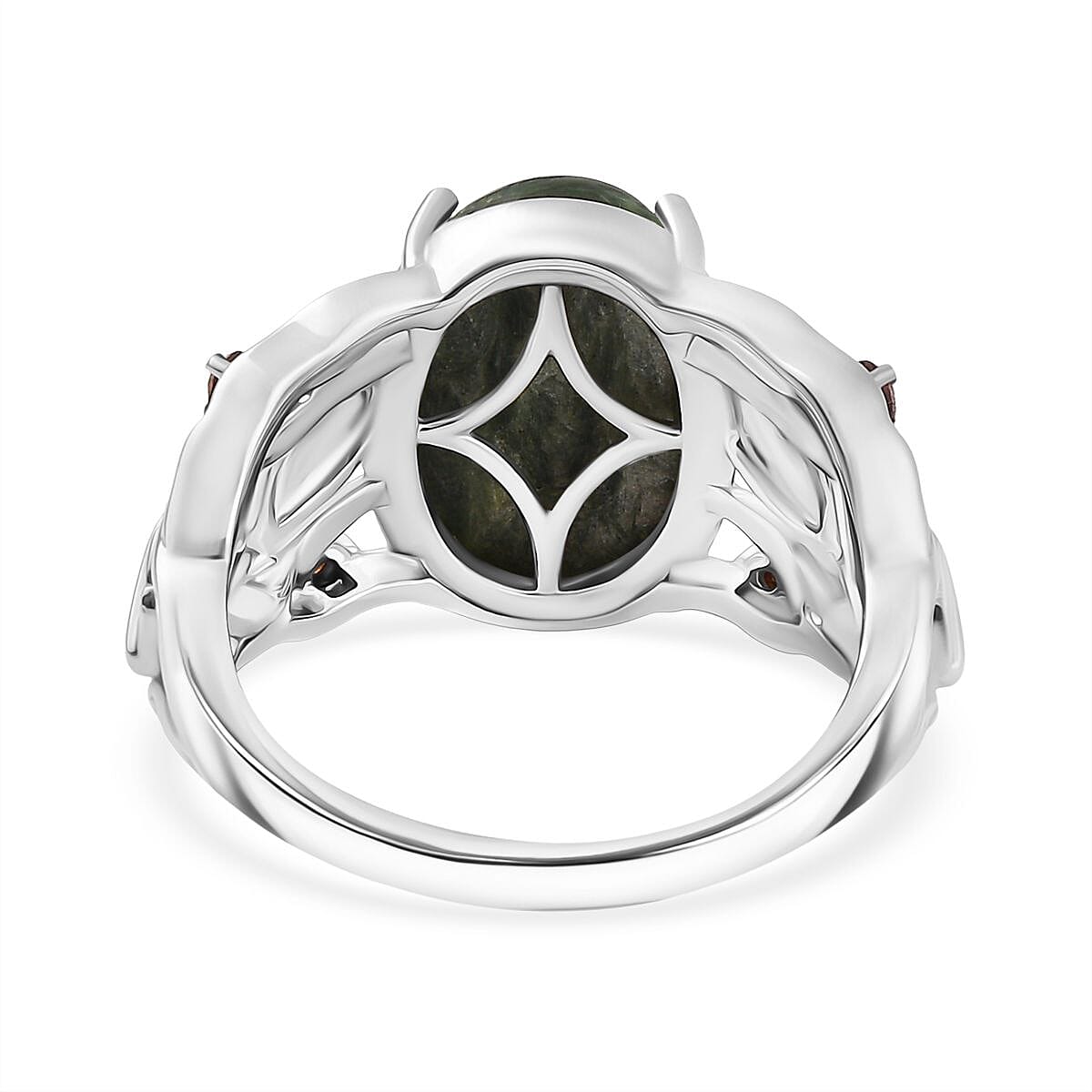 Siberian Seraphinite and Mozambique Garnet 5.90 ctw Ring in Platinum Over Sterling Silver (Size 10.0)