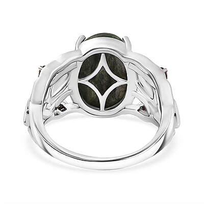 Siberian Seraphinite and Mozambique Garnet 5.90 ctw Ring in Platinum Over Sterling Silver (Size 10.0)