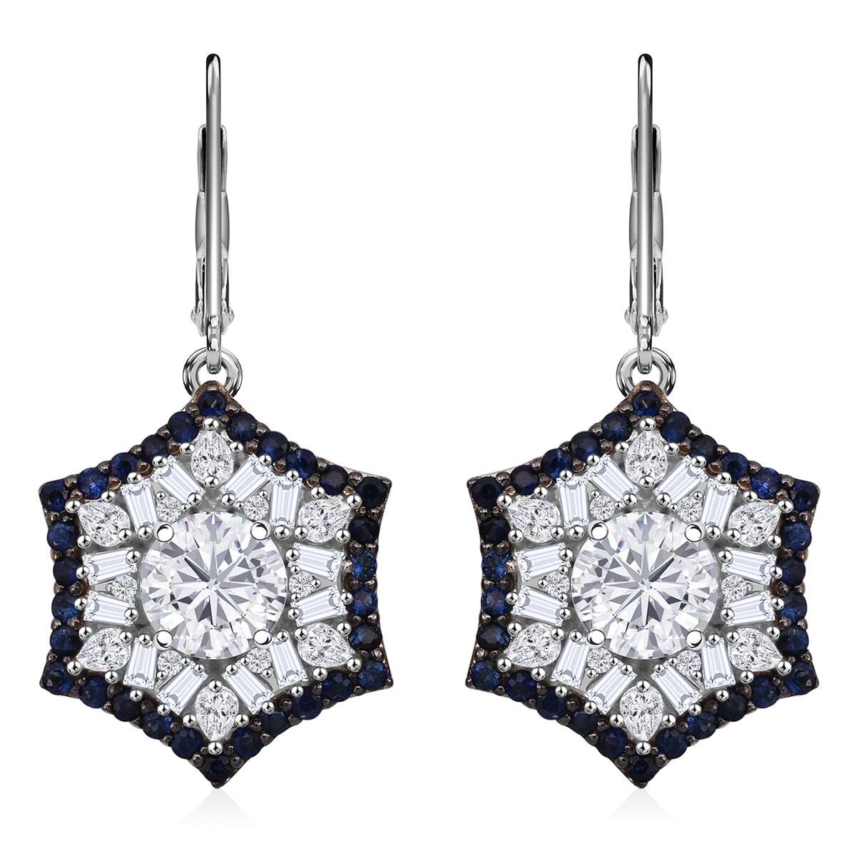 Heart and Arrow Cut Moissanite and Ceylon Sapphire 5.40 ctw Earrings in Rhodium Over Sterling Silver image number 0