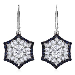 Heart and Arrow Cut Moissanite and Ceylon Sapphire 5.40 ctw Earrings in Rhodium Over Sterling Silver