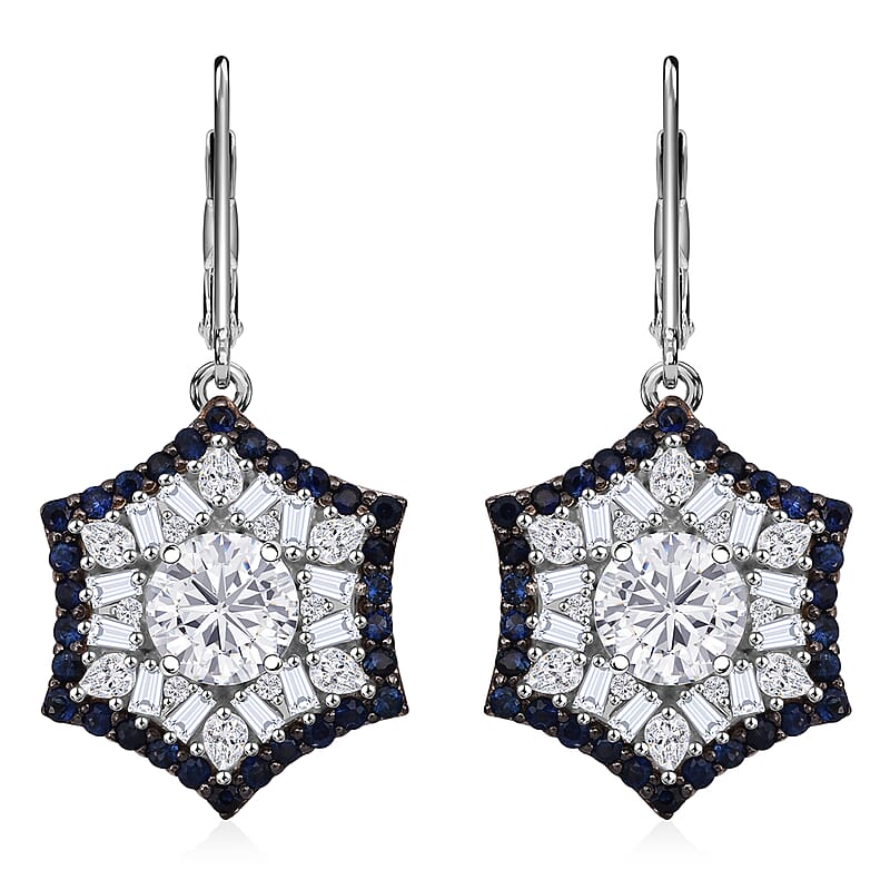 Heart and Arrow Cut Moissanite and Ceylon Sapphire 5.40 ctw Starflower Halo Earrings in Rhodium Over Sterling Silver