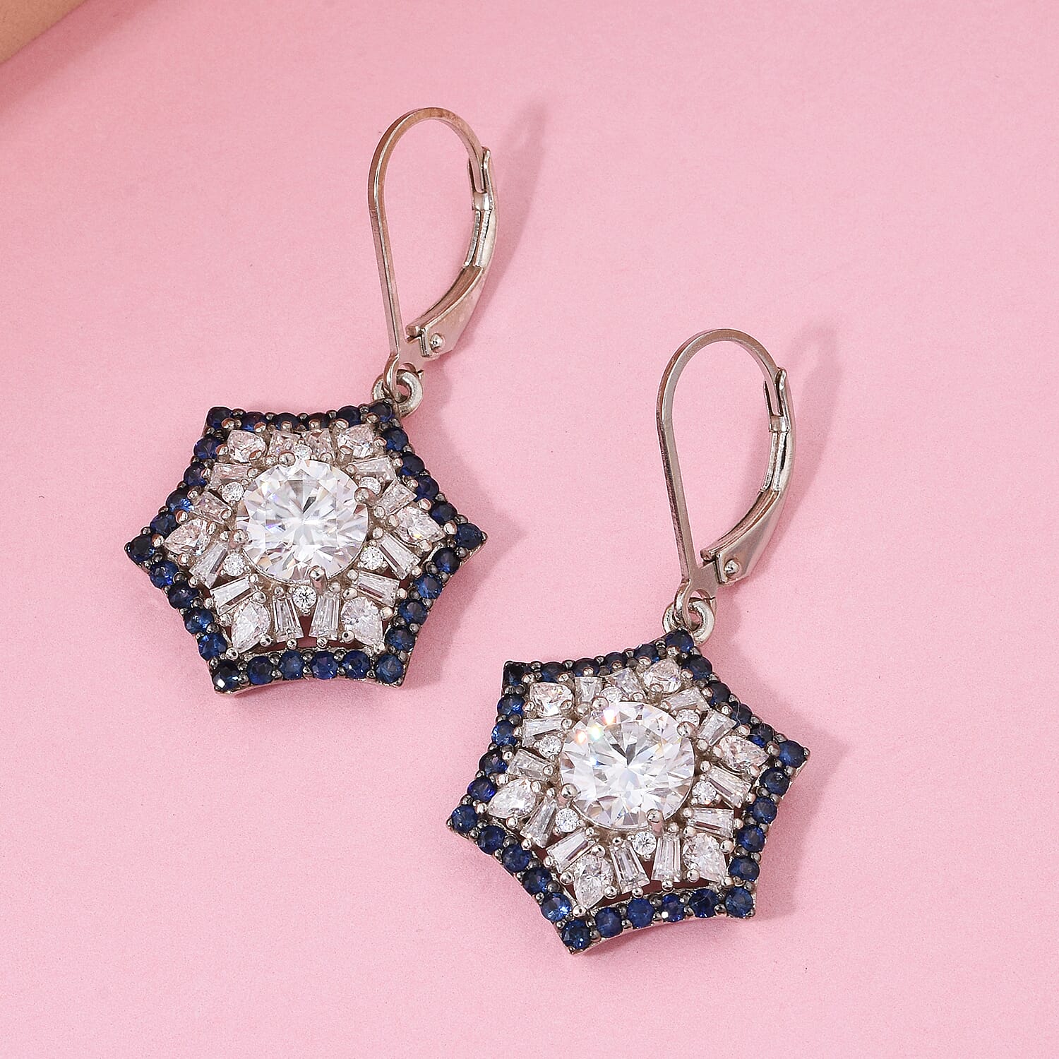 Heart and Arrow Cut Moissanite and Ceylon Sapphire 5.40 ctw Starflower Halo Earrings in Rhodium Over Sterling Silver