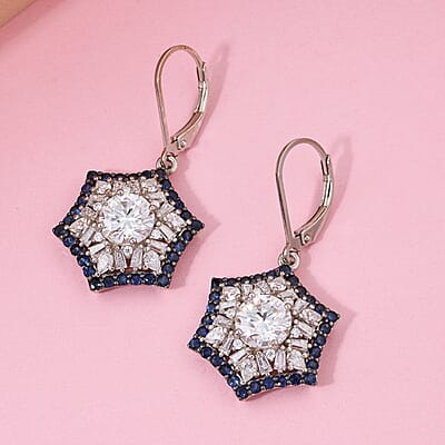 Heart and Arrow Cut Moissanite and Ceylon Sapphire 5.40 ctw Starflower Halo Earrings in Rhodium Over Sterling Silver