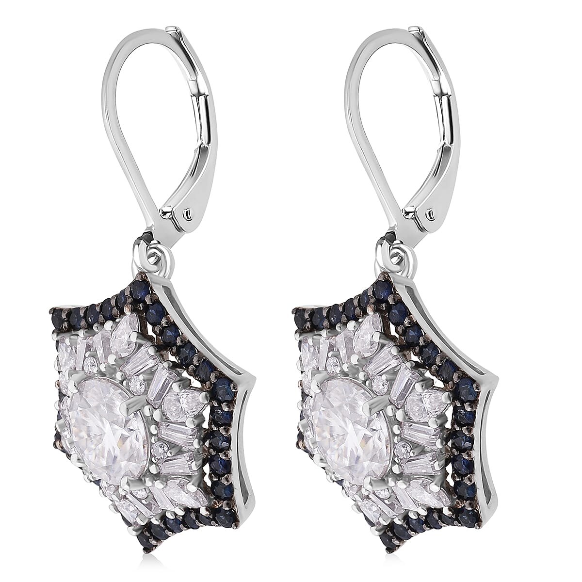 Heart and Arrow Cut Moissanite and Ceylon Sapphire 5.40 ctw Starflower Halo Earrings in Rhodium Over Sterling Silver