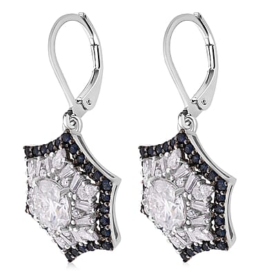 Heart and Arrow Cut Moissanite and Ceylon Sapphire 5.40 ctw Starflower Halo Earrings in Rhodium Over Sterling Silver
