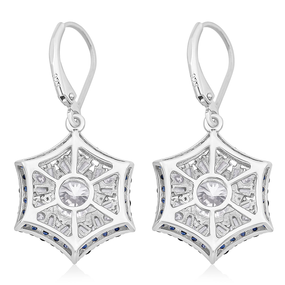 Heart and Arrow Cut Moissanite and Ceylon Sapphire 5.40 ctw Starflower Halo Earrings in Rhodium Over Sterling Silver