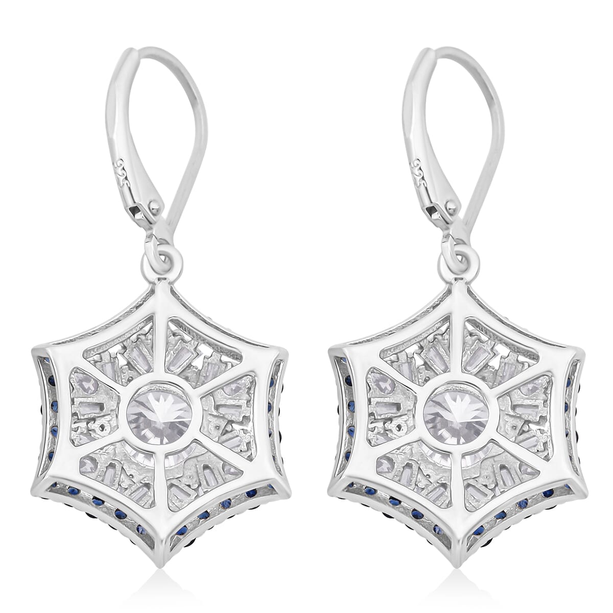 Heart and Arrow Cut Moissanite and Ceylon Sapphire 5.40 ctw Earrings in Rhodium Over Sterling Silver image number 4