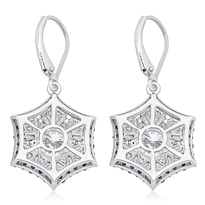 Heart and Arrow Cut Moissanite and Ceylon Sapphire 5.40 ctw Starflower Halo Earrings in Rhodium Over Sterling Silver