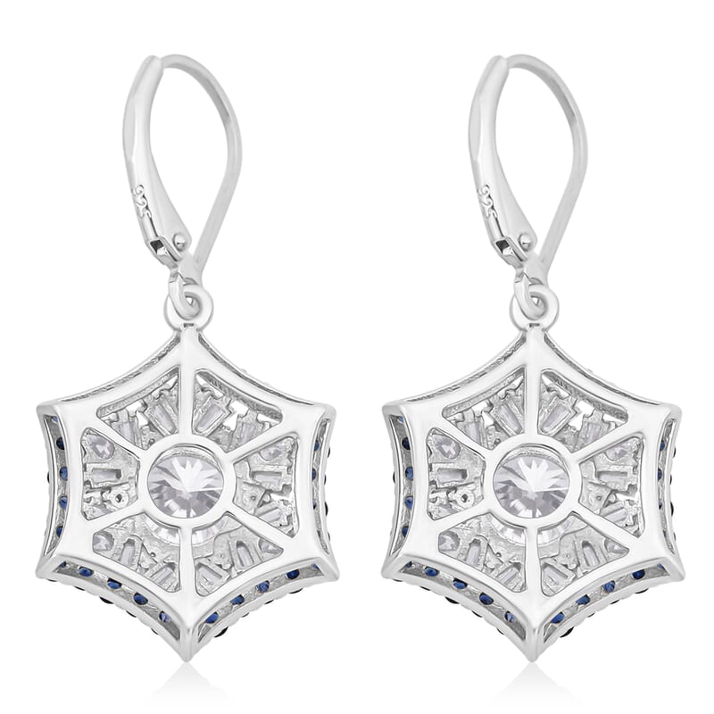 Heart and Arrow Cut Moissanite and Ceylon Sapphire 5.40 ctw Starflower Halo Earrings in Rhodium Over Sterling Silver