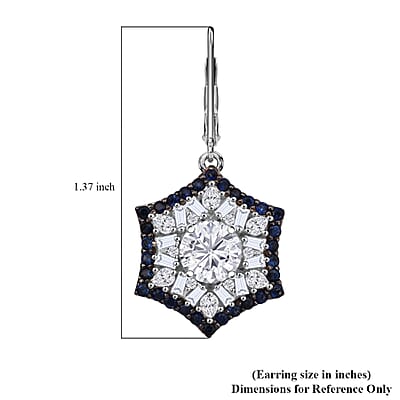 Heart and Arrow Cut Moissanite and Ceylon Sapphire 5.40 ctw Starflower Halo Earrings in Rhodium Over Sterling Silver