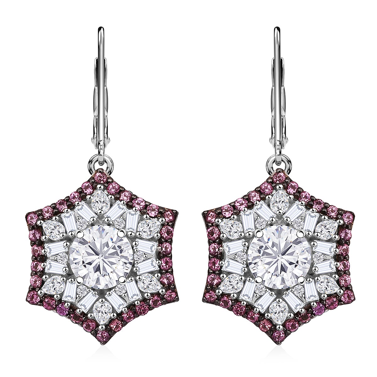Heart and Arrow Cut Moissanite and Ouro Fino Rubellite 5.40 ctw Starflower Halo Earrings in Rhodium Over Sterling Silver image number 0