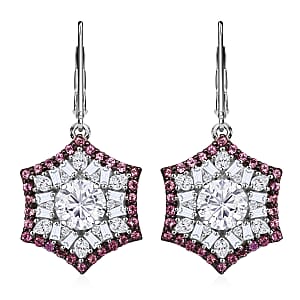 Heart and Arrow Cut Moissanite and Ouro Fino Rubellite 5.40 ctw Starflower Halo Earrings in Rhodium Over Sterling Silver
