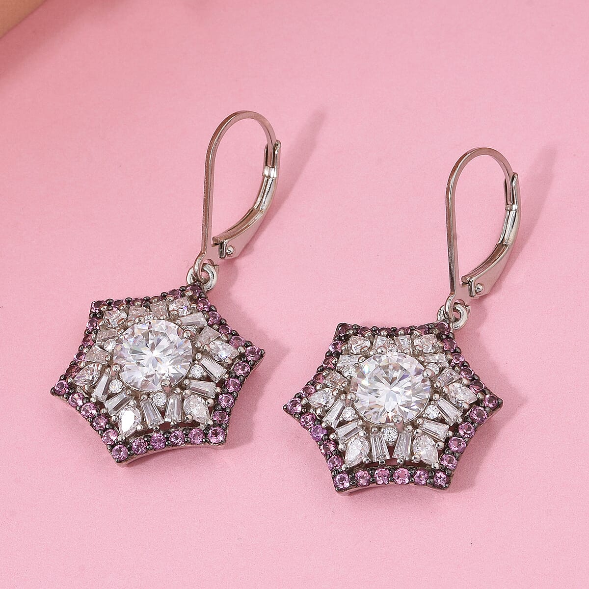 Heart and Arrow Cut Moissanite and Ouro Fino Rubellite 5.40 ctw Starflower Halo Earrings in Rhodium Over Sterling Silver image number 1
