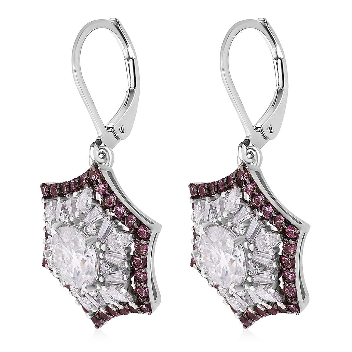 Heart and Arrow Cut Moissanite and Ouro Fino Rubellite 5.40 ctw Starflower Halo Earrings in Rhodium Over Sterling Silver image number 3