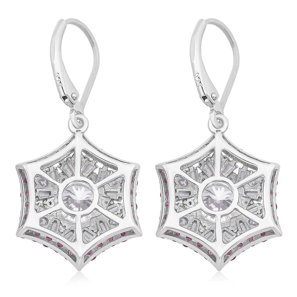 Heart and Arrow Cut Moissanite and Ouro Fino Rubellite 5.40 ctw Starflower Halo Earrings in Rhodium Over Sterling Silver image number 4