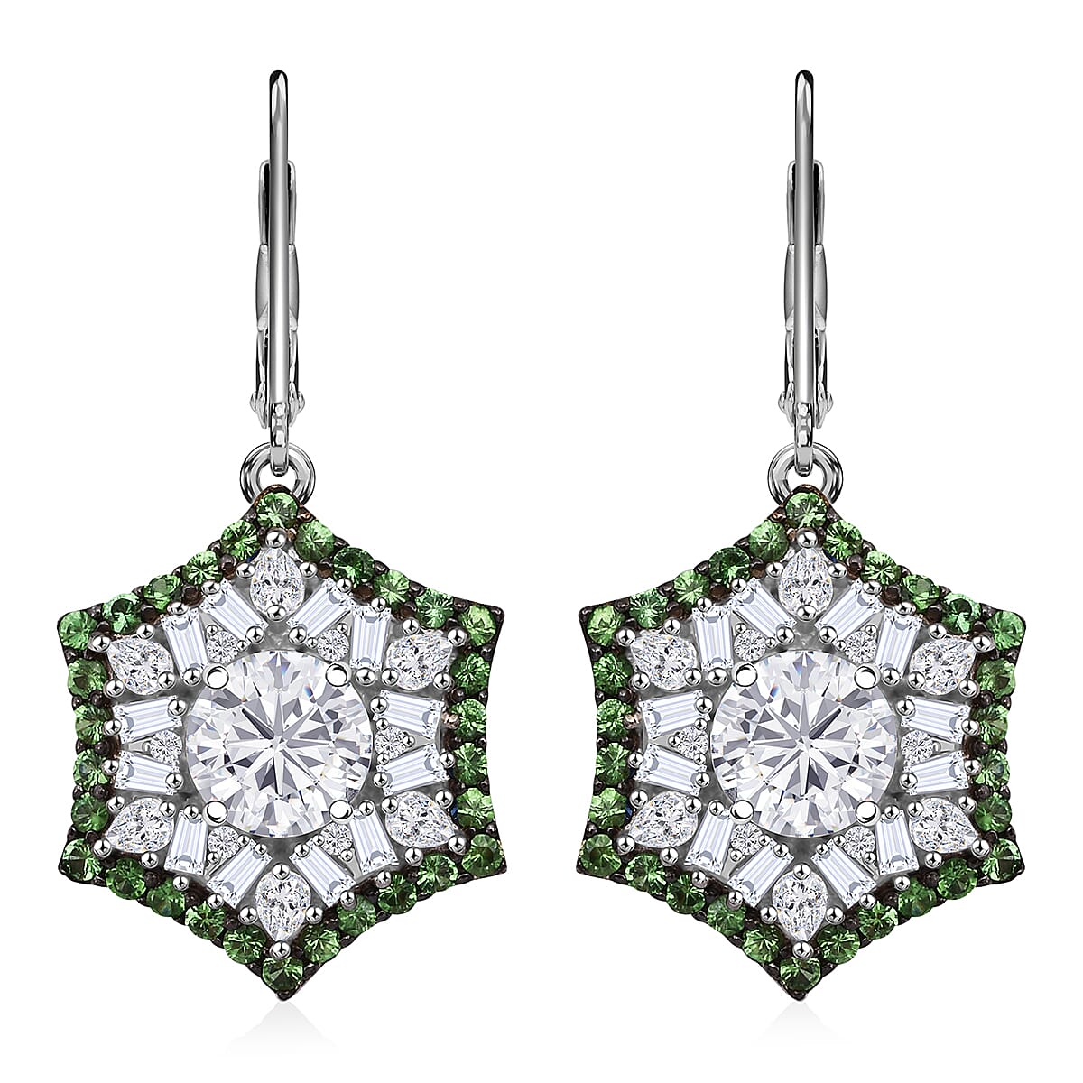 Heart and Arrow Cut Moissanite and Tsavorite Garnet 5.40 ctw Starflower Halo Earrings in Rhodium Over Sterling Silver