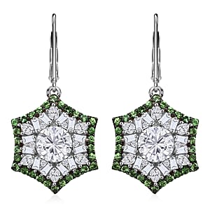 Heart and Arrow Cut Moissanite and Tsavorite Garnet 5.40 ctw Starflower Halo Earrings in Rhodium Over Sterling Silver