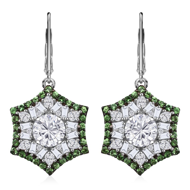 Heart and Arrow Cut Moissanite and Tsavorite Garnet 5.40 ctw Starflower Halo Earrings in Rhodium Over Sterling Silver