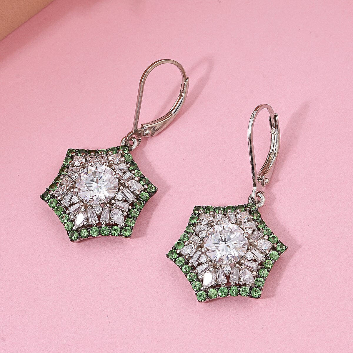Heart and Arrow Cut Moissanite and Tsavorite Garnet 5.40 ctw Starflower Halo Earrings in Rhodium Over Sterling Silver image number 1