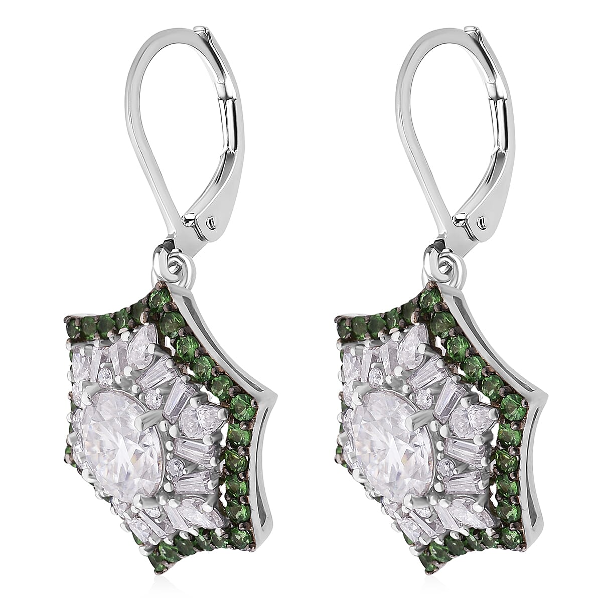 Heart and Arrow Cut Moissanite and Tsavorite Garnet 5.40 ctw Starflower Halo Earrings in Rhodium Over Sterling Silver