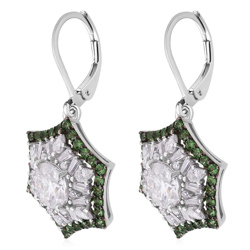 Heart and Arrow Cut Moissanite and Tsavorite Garnet 5.40 ctw Starflower Halo Earrings in Rhodium Over Sterling Silver