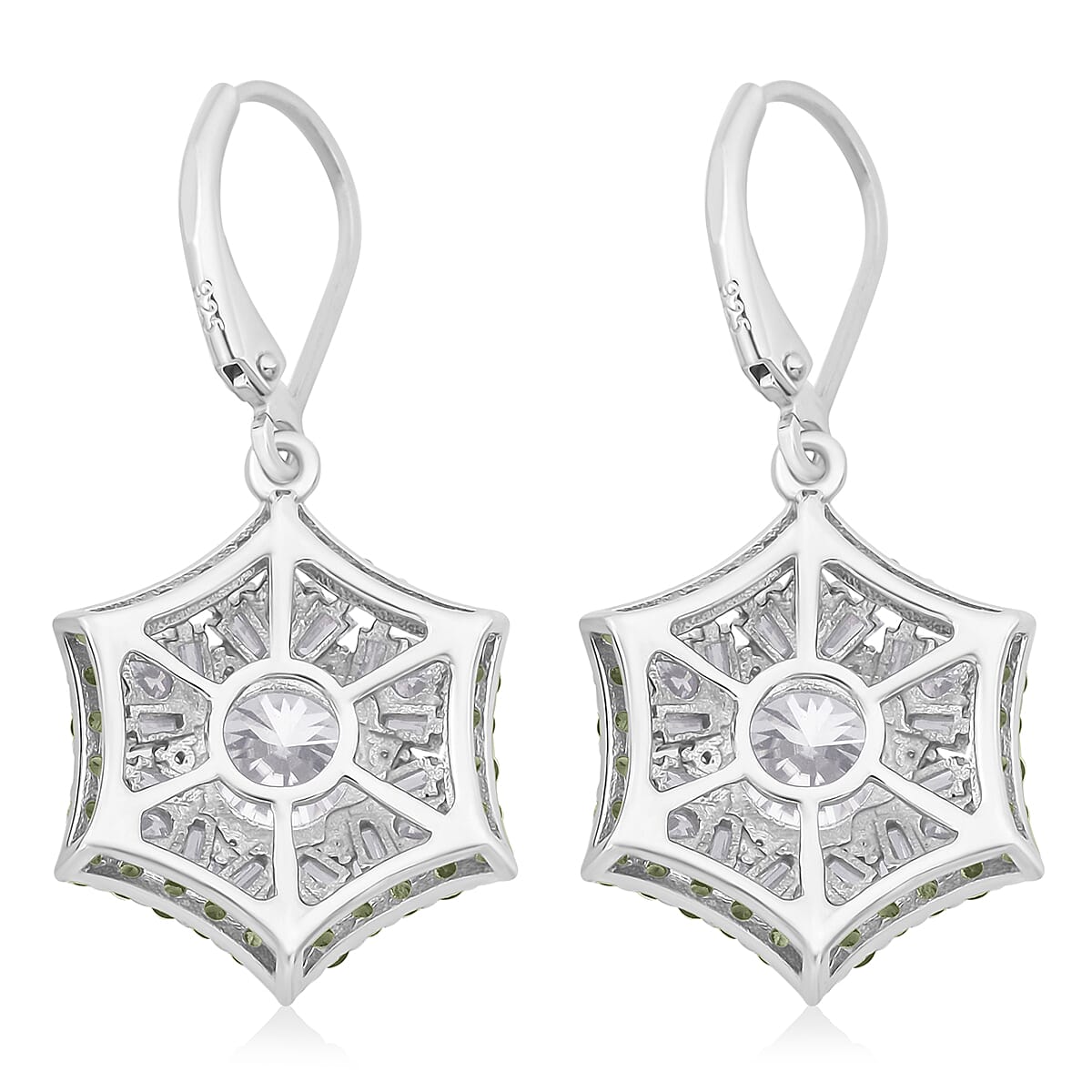 Heart and Arrow Cut Moissanite and Tsavorite Garnet 5.40 ctw Starflower Halo Earrings in Rhodium Over Sterling Silver