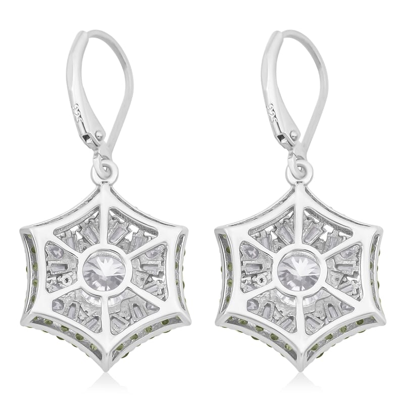 Heart and Arrow Cut Moissanite and Tsavorite Garnet 5.40 ctw Starflower Halo Earrings in Rhodium Over Sterling Silver