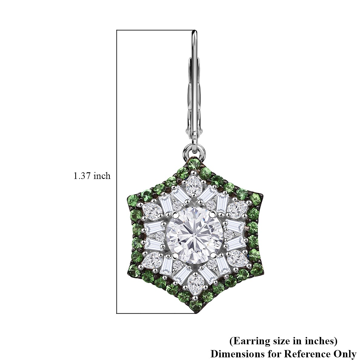 Heart and Arrow Cut Moissanite and Tsavorite Garnet 5.40 ctw Starflower Halo Earrings in Rhodium Over Sterling Silver