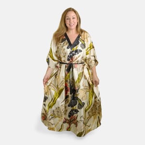 Winlar Cream Floral Long Satin Kaftan - One Size Fits Most